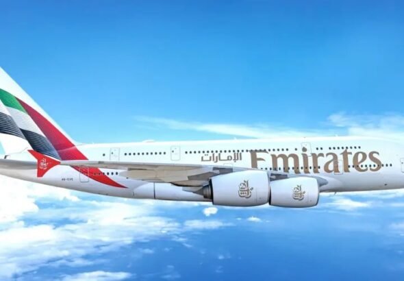 An Emirates A380 touches down at Mini-Europe in Brussels